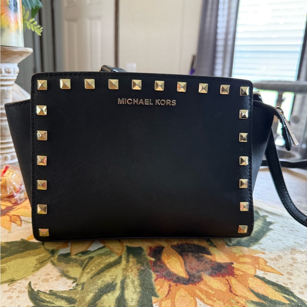 Michael Kors Black and Gold Crossbody Bag with Pyramid Studs
